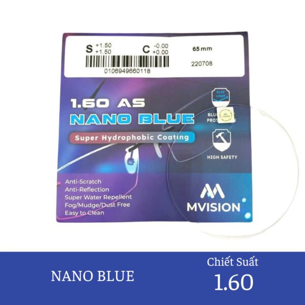 Tròng kính 1.60AS Nano Blue MVISION chống ánh sáng xanh