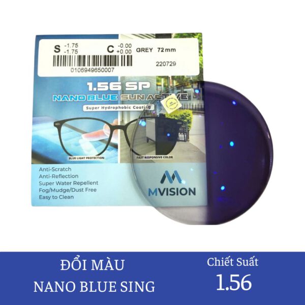 Tròng kính đổi màu chống ánh sáng xanh Mvision Nano Blue 1.56SP